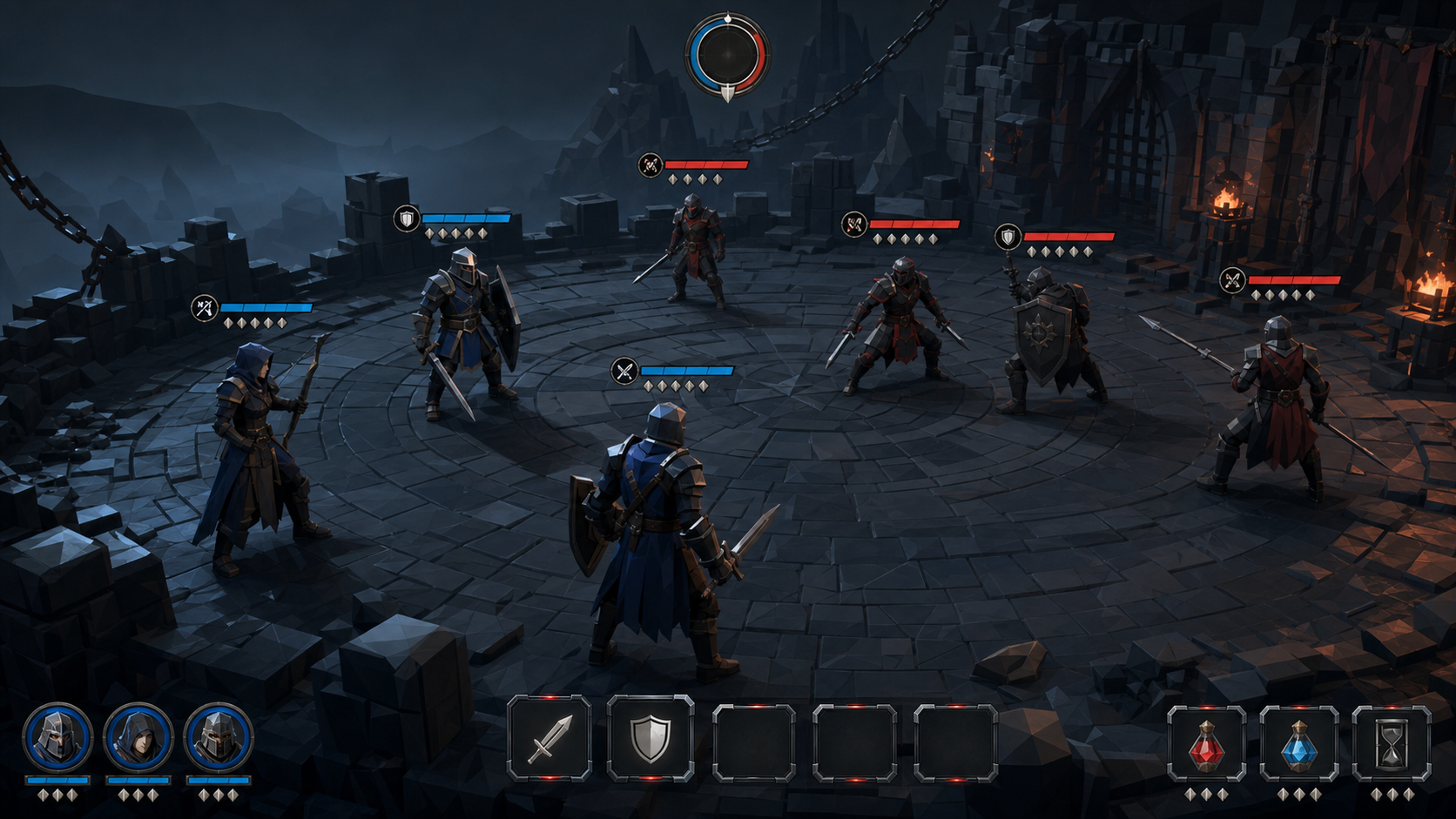 Concept of two low-poly teams facing each other in the Steel Gambit arena